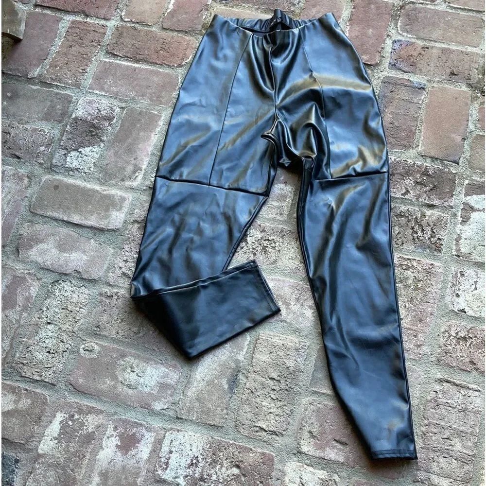 Pretty Little Thing High Waisted PullOn Faux Leather Black Leggings Size 10